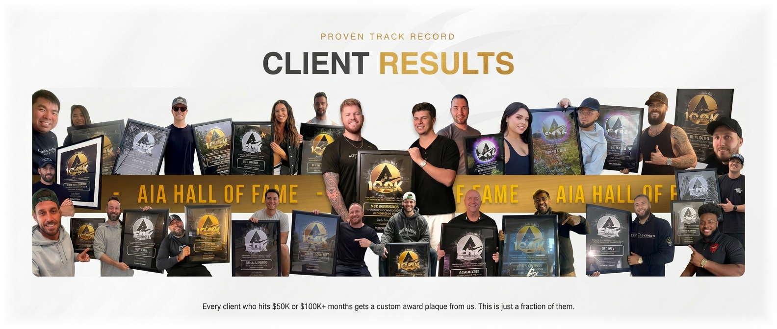 AIA Hall of Fame: clients holding their $50K and $100K monthly milestone plaques